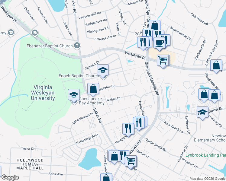 map of restaurants, bars, coffee shops, grocery stores, and more near 830 North Buckingham Court in Virginia Beach