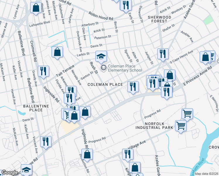 map of restaurants, bars, coffee shops, grocery stores, and more near 3727 Cape Henry Avenue in Norfolk