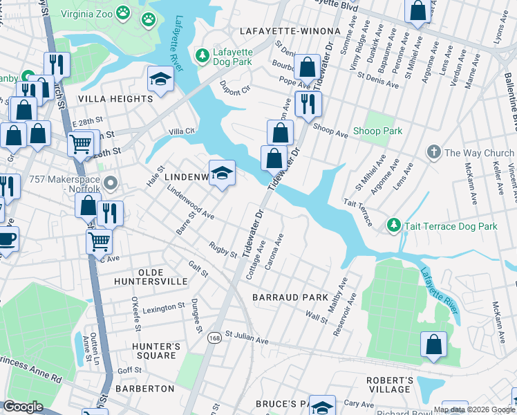 map of restaurants, bars, coffee shops, grocery stores, and more near in Norfolk
