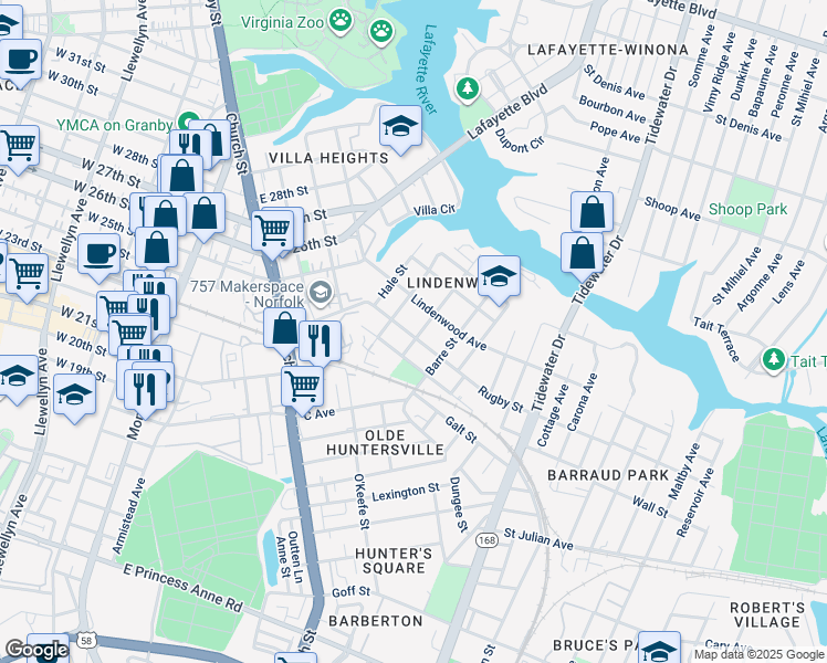 map of restaurants, bars, coffee shops, grocery stores, and more near 2407 Middle Avenue in Norfolk