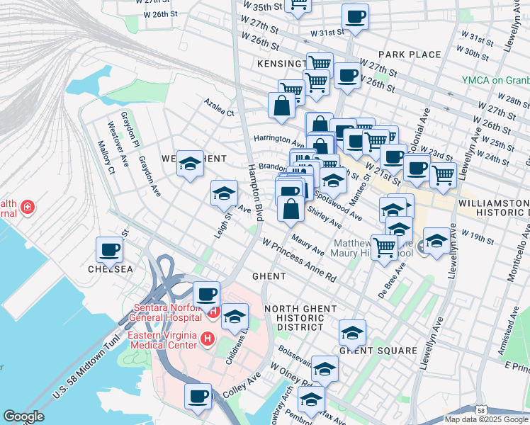 map of restaurants, bars, coffee shops, grocery stores, and more near 1209 Hampton Boulevard in Norfolk