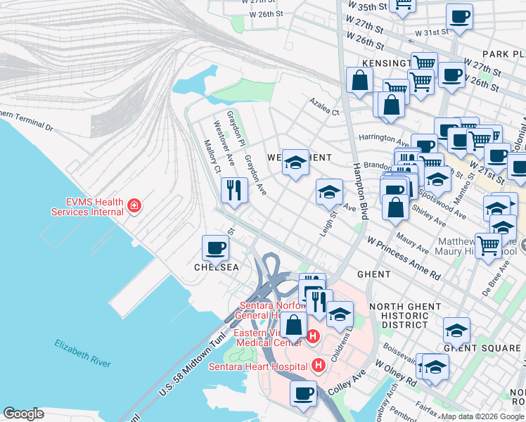 map of restaurants, bars, coffee shops, grocery stores, and more near 1125 Westover Avenue in Norfolk