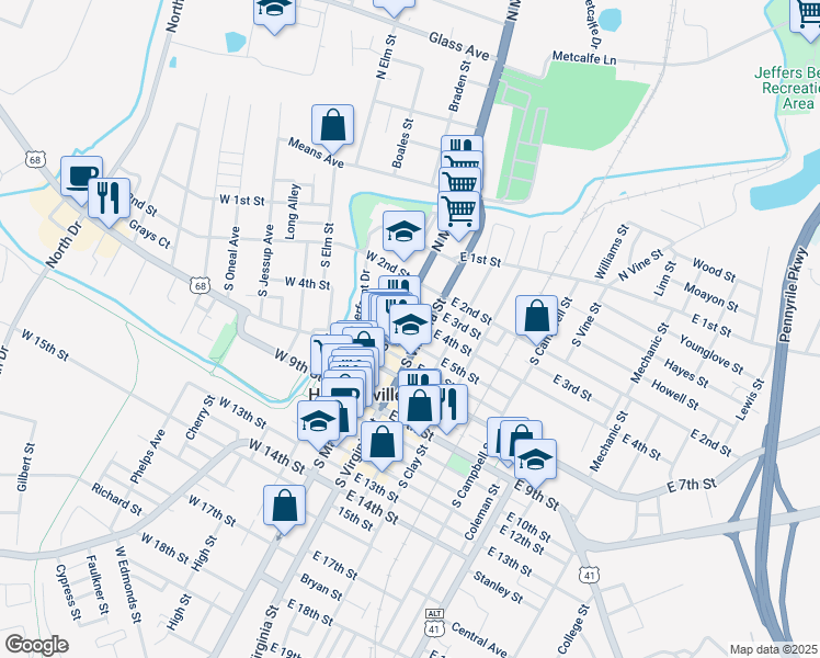 map of restaurants, bars, coffee shops, grocery stores, and more near 503 South Main Street in Hopkinsville