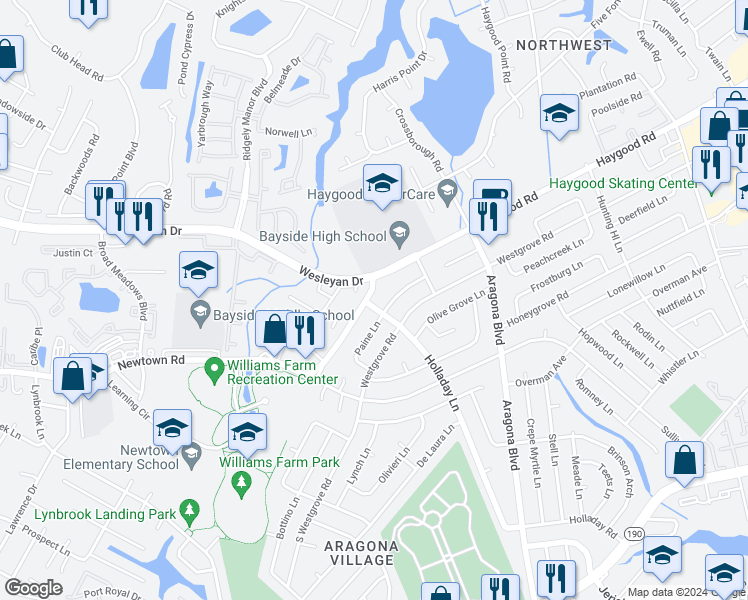 map of restaurants, bars, coffee shops, grocery stores, and more near 4977 Haygood Road in Virginia Beach