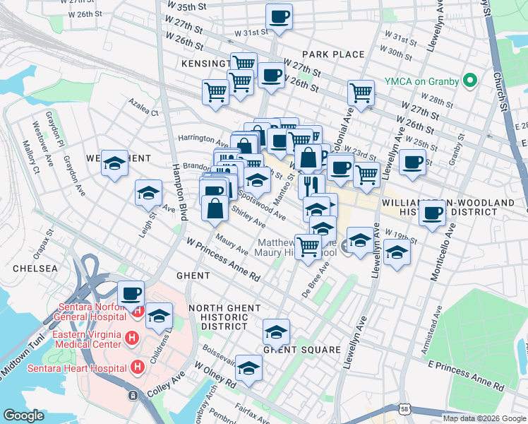 map of restaurants, bars, coffee shops, grocery stores, and more near 711 Shirley Avenue in Norfolk