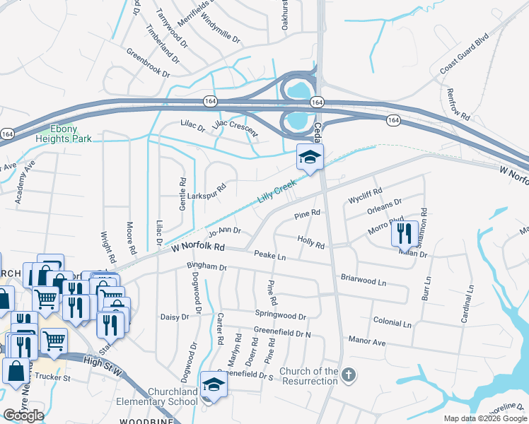 map of restaurants, bars, coffee shops, grocery stores, and more near 5200 West Norfolk Road in Portsmouth