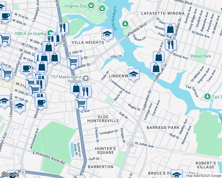 map of restaurants, bars, coffee shops, grocery stores, and more near 2407 Middle Avenue in Norfolk