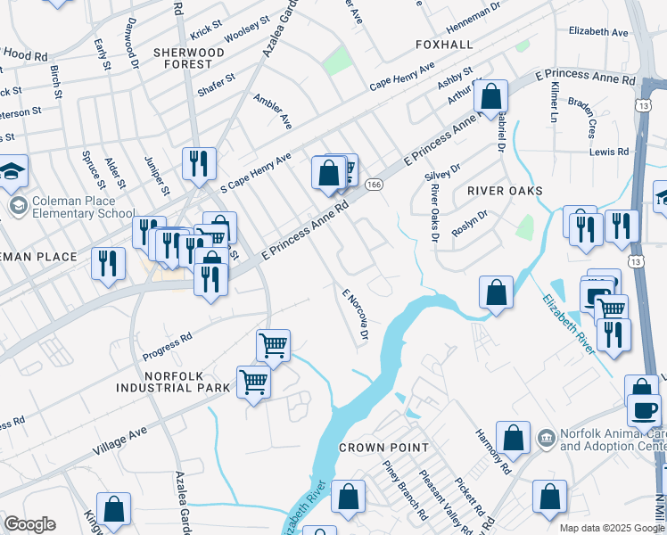 map of restaurants, bars, coffee shops, grocery stores, and more near 1408 Norcova Avenue in Norfolk