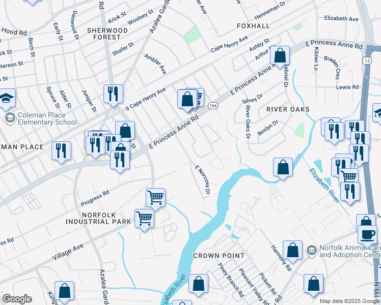 map of restaurants, bars, coffee shops, grocery stores, and more near 1408 Norcova Avenue in Norfolk