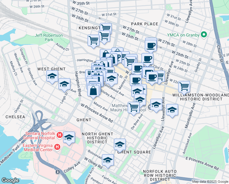 map of restaurants, bars, coffee shops, grocery stores, and more near 705 Spotswood Avenue in Norfolk