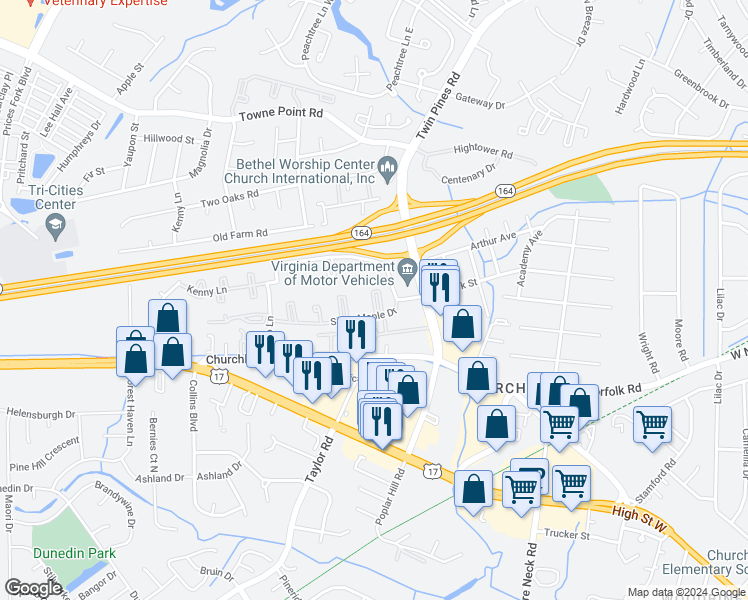 map of restaurants, bars, coffee shops, grocery stores, and more near 30 Pebble Point Court in Portsmouth