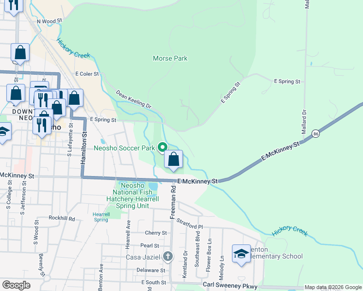 map of restaurants, bars, coffee shops, grocery stores, and more near 736 East McKinney Street in Neosho