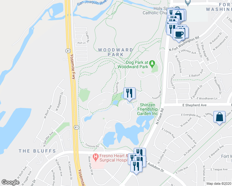 map of restaurants, bars, coffee shops, grocery stores, and more near Yosemite Road in Fresno