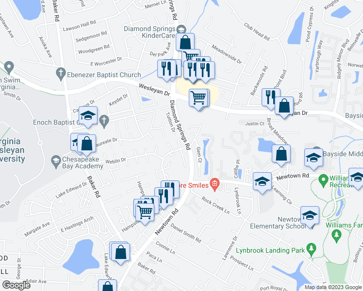 map of restaurants, bars, coffee shops, grocery stores, and more near 822 Zircon Court in Virginia Beach