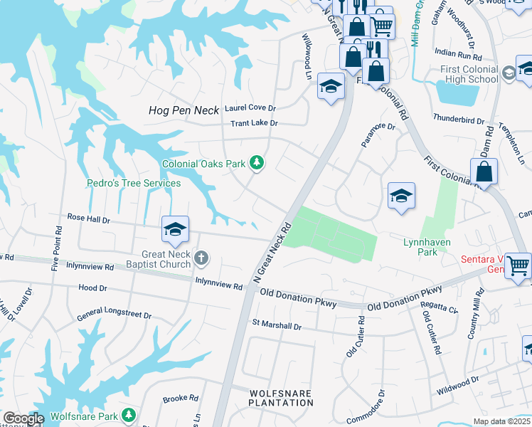 map of restaurants, bars, coffee shops, grocery stores, and more near 1224 Whispering Waters Way in Virginia Beach