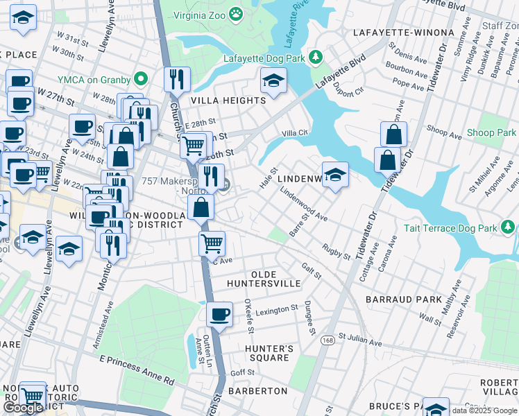 map of restaurants, bars, coffee shops, grocery stores, and more near 2301 West Avenue in Norfolk