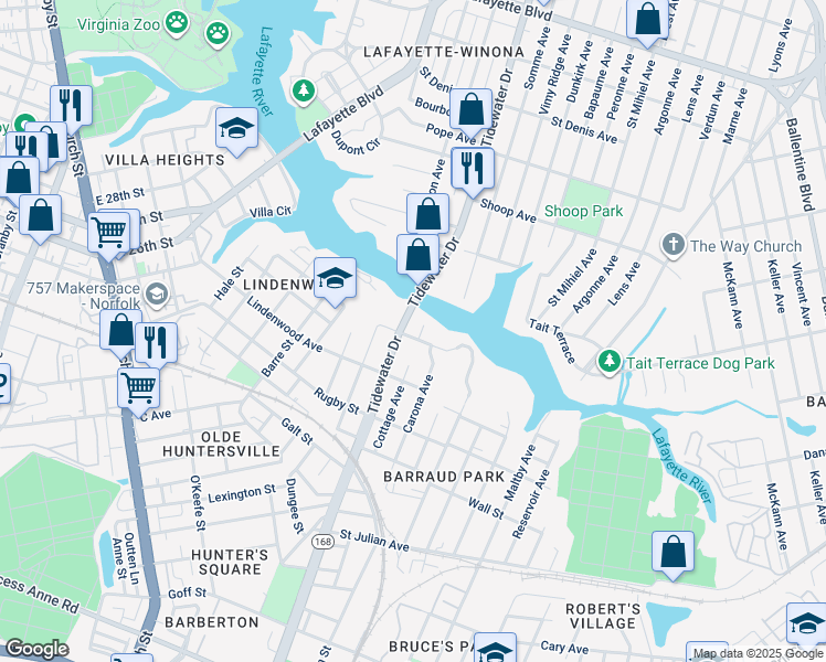 map of restaurants, bars, coffee shops, grocery stores, and more near 1044 Vista Street in Norfolk