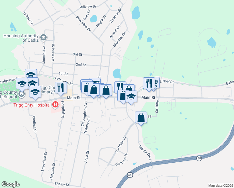 map of restaurants, bars, coffee shops, grocery stores, and more near Cadiz Railroad Trail in Cadiz