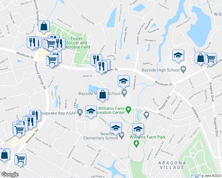 map of restaurants, bars, coffee shops, grocery stores, and more near 840 Woolard Crescent in Virginia Beach