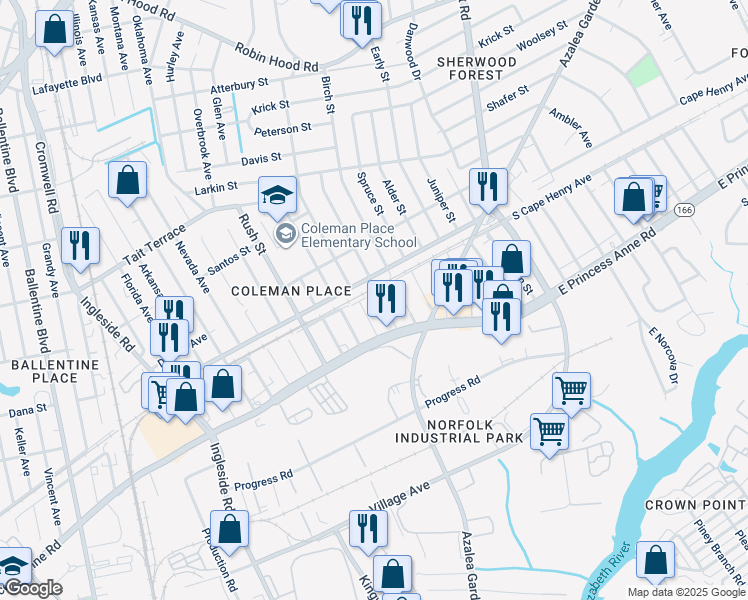 map of restaurants, bars, coffee shops, grocery stores, and more near 3834 East Princess Anne Road in Norfolk