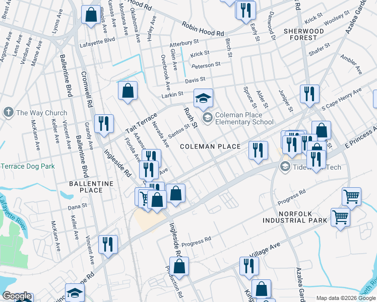 map of restaurants, bars, coffee shops, grocery stores, and more near 2310 Minnesota Avenue in Norfolk