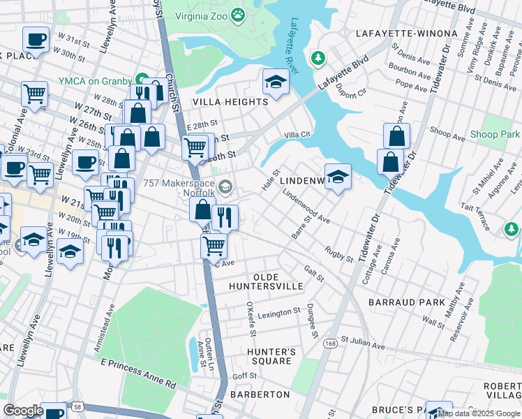 map of restaurants, bars, coffee shops, grocery stores, and more near 836 Pollard Street in Norfolk