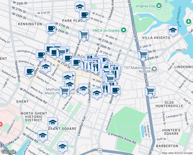 map of restaurants, bars, coffee shops, grocery stores, and more near 1901 Omohundro Avenue in Norfolk