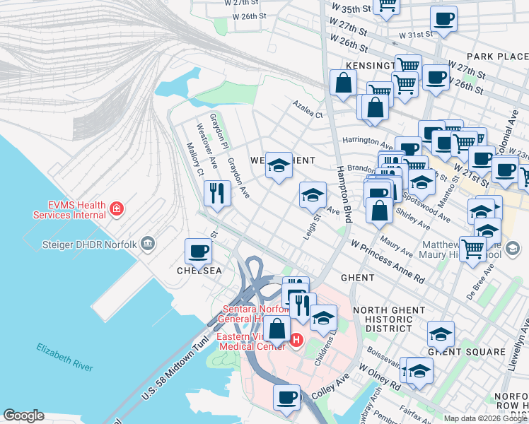 map of restaurants, bars, coffee shops, grocery stores, and more near 1104 Westover Avenue in Norfolk