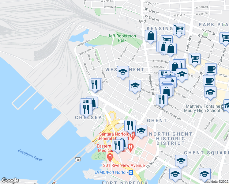 map of restaurants, bars, coffee shops, grocery stores, and more near 1125 Westover Avenue in Norfolk