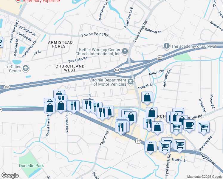 map of restaurants, bars, coffee shops, grocery stores, and more near 23 River Green Court in Portsmouth