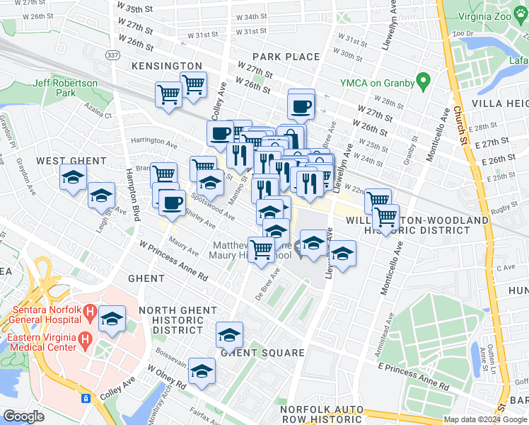map of restaurants, bars, coffee shops, grocery stores, and more near 1915 Colonial Avenue in Norfolk