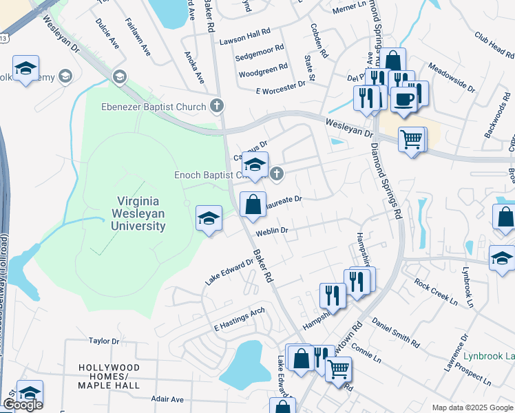 map of restaurants, bars, coffee shops, grocery stores, and more near 801 Diploma Court in Virginia Beach