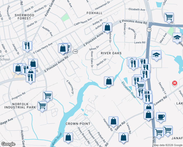 map of restaurants, bars, coffee shops, grocery stores, and more near 1281 River Oaks Drive in Norfolk