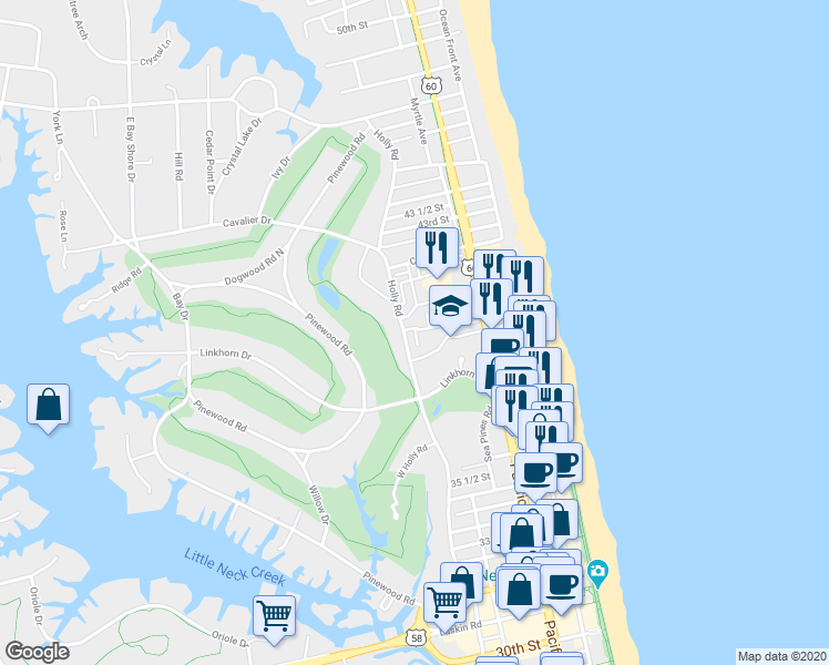 map of restaurants, bars, coffee shops, grocery stores, and more near 4004 Ocean Cut Lane in Virginia Beach