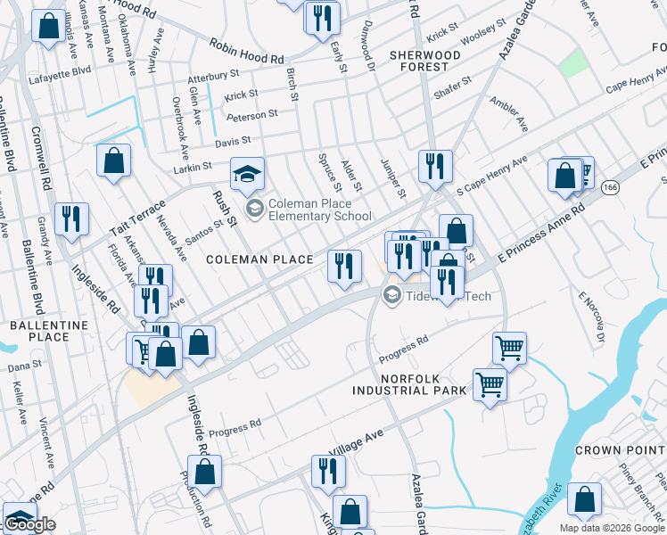 map of restaurants, bars, coffee shops, grocery stores, and more near 3834 East Princess Anne Road in Norfolk
