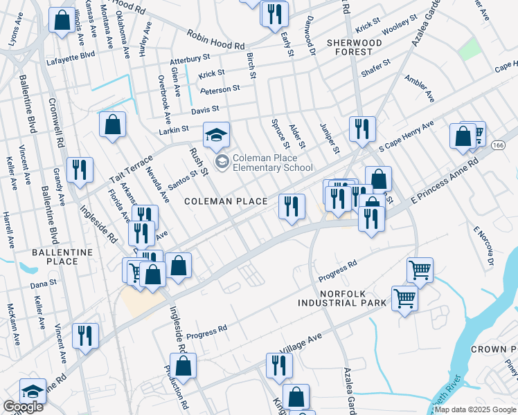 map of restaurants, bars, coffee shops, grocery stores, and more near 3835 Cape Henry Avenue in Norfolk