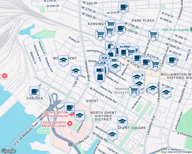 map of restaurants, bars, coffee shops, grocery stores, and more near 822 Baldwin Avenue in Norfolk