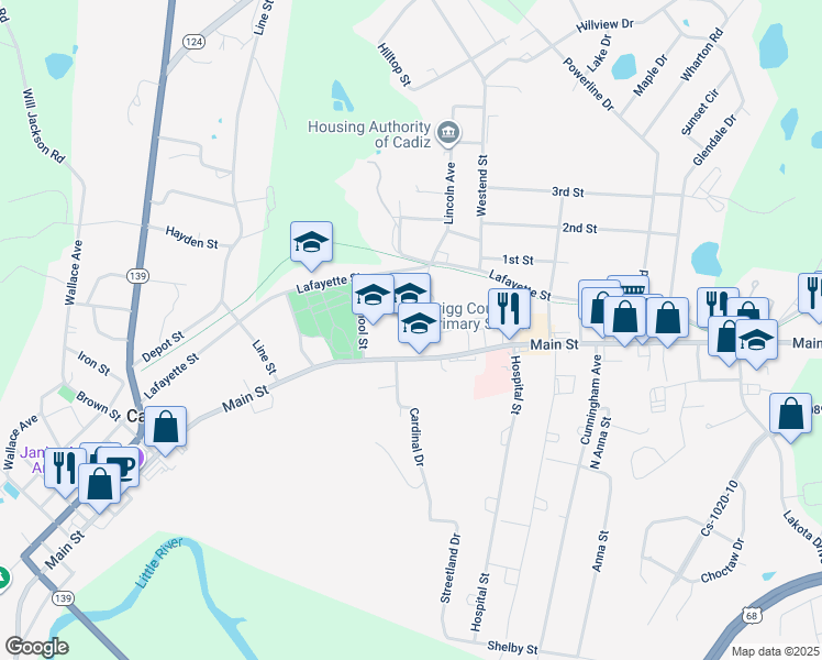 map of restaurants, bars, coffee shops, grocery stores, and more near 205 Main Street in Cadiz
