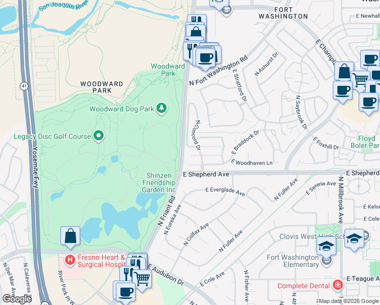 map of restaurants, bars, coffee shops, grocery stores, and more near 306 East Braddock Drive in Fresno