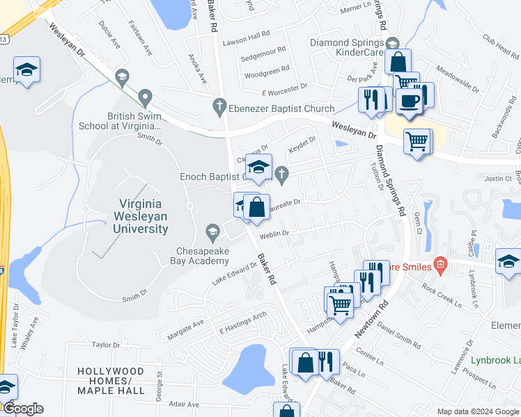 map of restaurants, bars, coffee shops, grocery stores, and more near 801 Fraternity Court in Virginia Beach