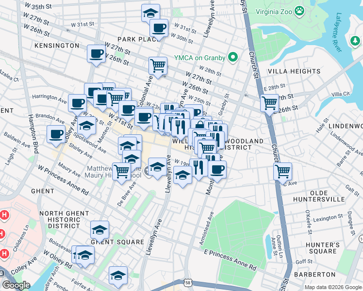 map of restaurants, bars, coffee shops, grocery stores, and more near 201 West 21st Street in Norfolk