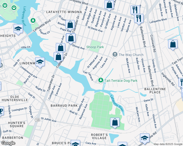 map of restaurants, bars, coffee shops, grocery stores, and more near 2627 Argonne Avenue in Norfolk