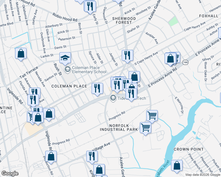 map of restaurants, bars, coffee shops, grocery stores, and more near 1515 Azalea Garden Road in Norfolk
