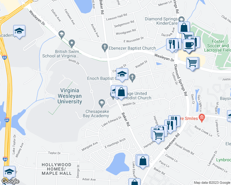 map of restaurants, bars, coffee shops, grocery stores, and more near 811 Graduate Court in Virginia Beach