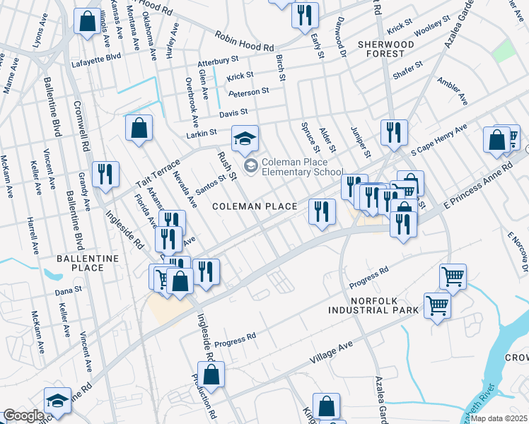 map of restaurants, bars, coffee shops, grocery stores, and more near 2325 Fairbanks Avenue in Norfolk
