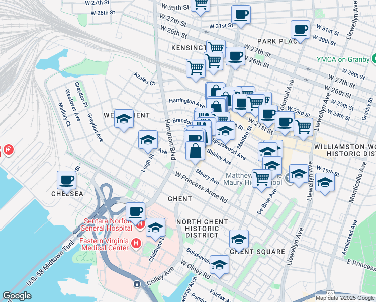 map of restaurants, bars, coffee shops, grocery stores, and more near 822 Baldwin Avenue in Norfolk