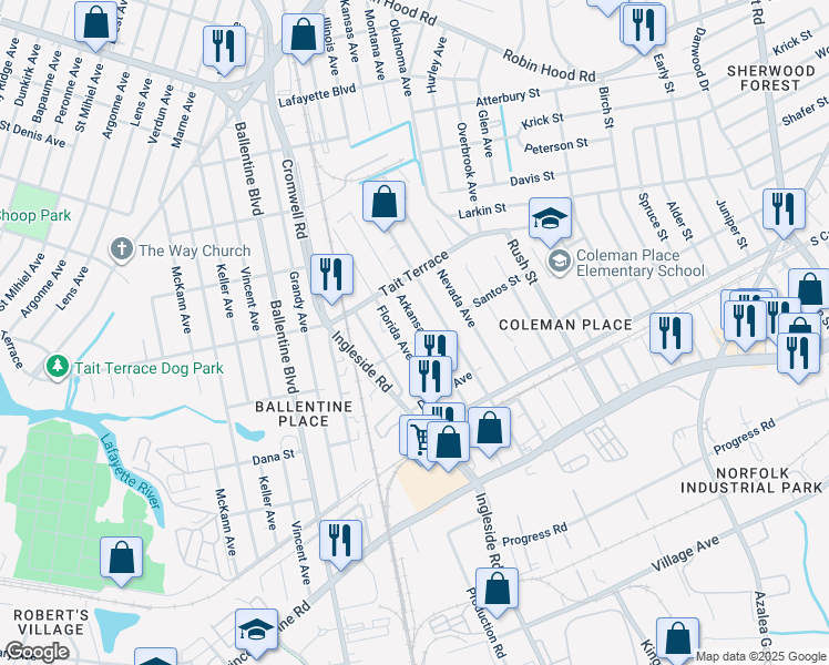 map of restaurants, bars, coffee shops, grocery stores, and more near 2501 Arkansas Avenue in Norfolk