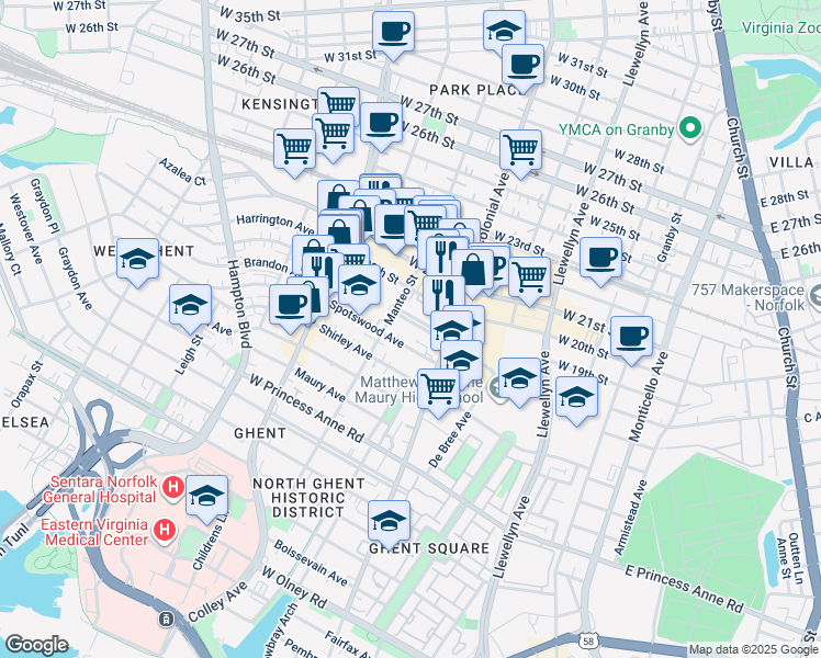 map of restaurants, bars, coffee shops, grocery stores, and more near 535 Washington Park in Norfolk