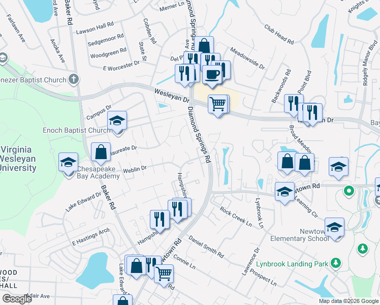 map of restaurants, bars, coffee shops, grocery stores, and more near 800 Tuition Drive in Virginia Beach