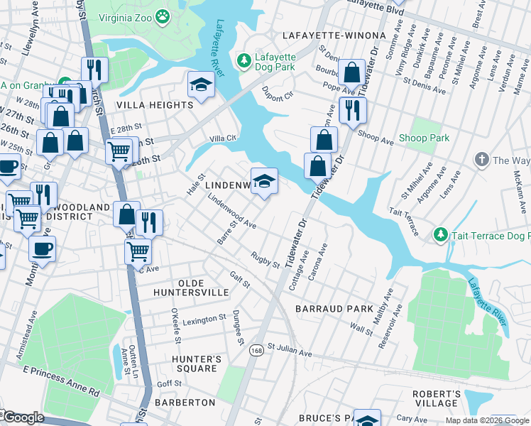 map of restaurants, bars, coffee shops, grocery stores, and more near 2618 Ludlow Street in Norfolk